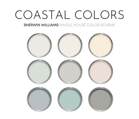 This listing is for an Coastal Colors color scheme, created with Sherwin Williams paint colors and featuring many best-selling colors. I have carefully selected a range of 9 colors for this palette, and included options for walls, trim, furniture, cabinets and doors.  Sherwin Williams has hundreds of paint colors, each with their own unique undertones. This can make choosing the right paint colors hard. The colors in this collection were carefully selected to coordinate with each other - this ma Soft Teal Paint Color, Benjamin Moore Whole House Color Scheme, Whole House Color Scheme, Colors For Home, Coastal Paint, Beach House Colors, Sherwin Williams Paint, Home Cottage, House Color Palettes