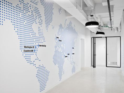 Map On Wall, Map Monde, Office Graphics, Woods Bagot, Office Wall Design, Factory Interior, World Map Wall Decor, Office Signage, World Map Decor