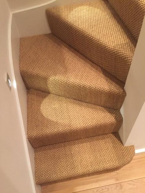 Sisal Carpet to Stairs in Private Residence Sisal Stair Carpet, Patterned Stair Carpet, Cottage Stairs, Carpet Staircase, Basement Carpet, Flooring For Stairs, Sisal Carpet, Entry Stairs, Loft Stairs