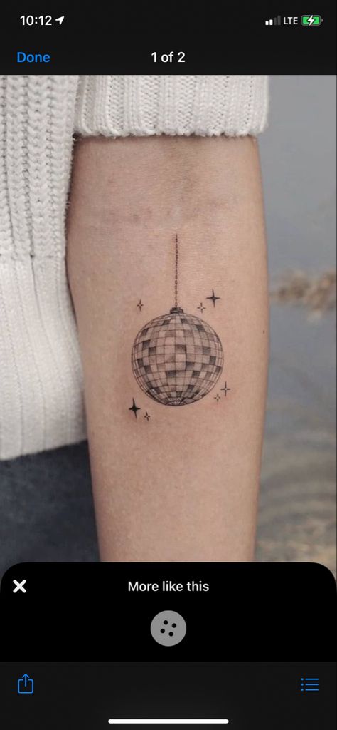 Disco Ball Moon Tattoo, Disco Ball Flower Tattoo, Edm Tattoo Ideas, Mirror Ball Tattoo, Arm Patchwork, Edm Tattoo, Disco Tattoo, Mirrorball Tattoo, Tattoo Locations