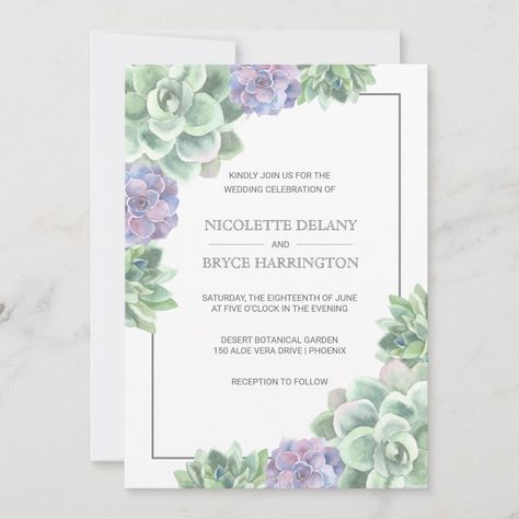 Purple Succulent Wedding, Succulent Wedding Invitations, Wedding Pastel, Frame Wedding Invitation, Succulent Frame, Purple Succulents, Succulent Bouquet, Spring Wedding Invitations, Watercolor Succulents