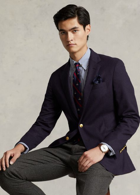 Blue Blazer Outfit, Ralph Lauren Looks, Smart Casual Office, Navy Blazers, Blazer Men, Cotton Blazer, Twill Pants, Navy Blazer, Blazer Outfits