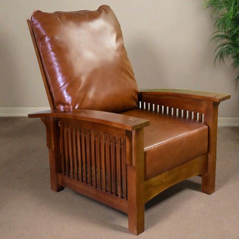 Our Mission / Arts and Crafts / Craftsman style furniture is made with attention to detail and expertise like that of 100 year old Stickley. Quarter sawn white oak frame with a medium-light brown stain Reddish brown leather Medium-firm seat, medium-soft back rest Adjust the backrest by 3 peg settings, just like the original Morris chairs This listing is for the Morris chair only, matching foot stool sold separate Dimensions: 33W x 36D x 39H Craftsman Style Furniture, Mission Chair, Mission Style Homes, Morris Chair, Barn Houses, Ice House, Quarter Sawn White Oak, Ice Houses, Mission Oak