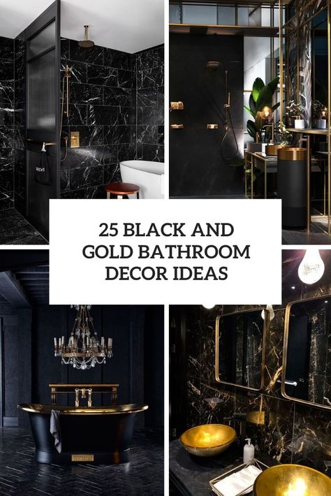 25 Black And Gold Bathroom Decor Ideas - DigsDigs Black Rose Gold Bathroom, Black Color Bathroom Ideas, Black Gold And Gray Bathroom, Luxury Bathroom Wall Decor, Black White And Gold Master Bath, Black Gold Bathroom Decor Ideas, Black Chic Bathroom, Gold Black Bathroom Ideas, Black And Gold Bathroom Tiles