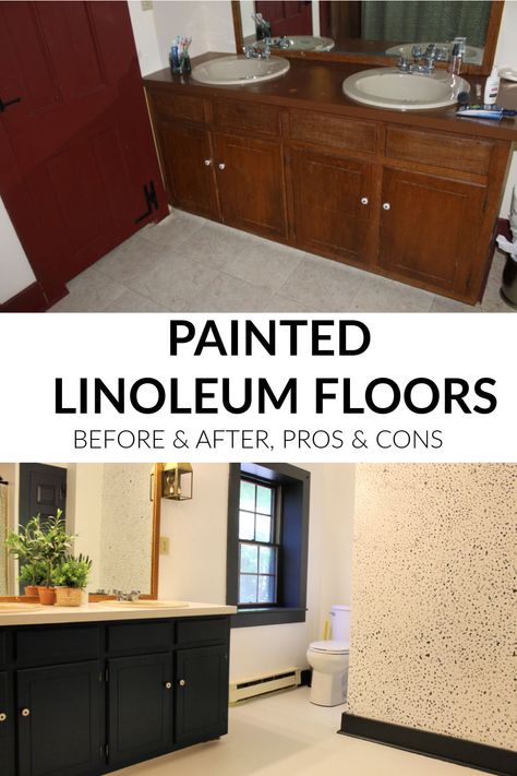 Painted Linoleum Floors: Before and After, Pros and Cons - Cabin Lane Linoleum Flooring Makeover, Painted Linoleum Floors, Linoleum Flooring Kitchen, Painted Linoleum, Linoleum Kitchen Floors, Painting Linoleum Floors, Painted Bathroom Floors, Black Bathroom Floor, Paint Linoleum