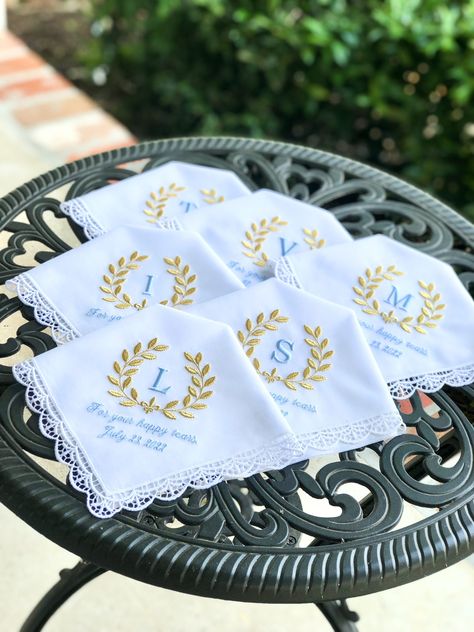 "Monogrammed, Embroidered Handkerchief for Bride Mom, Aunt, Sister, Best Friend, Grandmother For Your Happy Tears Handkerchiefs for Wedding Party For Your Happy Tears Handkerchief Something Blue for Bride Wedding Day handkerchief  Handkerchief Embroidered with Initial and Wedding Date, and the phrase: For your happy tears. This is the link for the matching Groom's hankie: https://www.etsy.com/listing/1178957716/wedding-handkerchief-for-groom Classic Elegance.   Handkerchief Embroidered with Init For Your Happy Tears, Handkerchief Embroidered, Monogrammed Handkerchiefs, Personalized Handkerchief Wedding, Embroidered Handkerchief Wedding, Lace Handkerchief, Sister Best Friend, Embroidered Handkerchief, Wedding Handkerchief