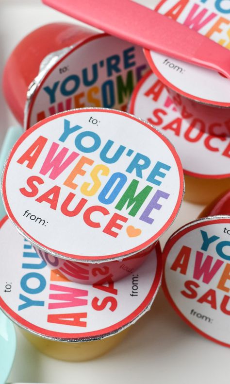 Pass these Awesome Sauce Valentines out to your kid's classroom or just in their lunchbox for a fun way to say "You're awesome, kiddo!" (free printable included!) #kidsvalentines #kidlunchbox #printable #DIYvalentine Awesome Sauce Valentine, Applesauce Valentines, Valentines Snacks, Lunchbox Ideas, Holiday Snacks, Awesome Sauce, Juice Boxes, Valentine Print, Free Valentine