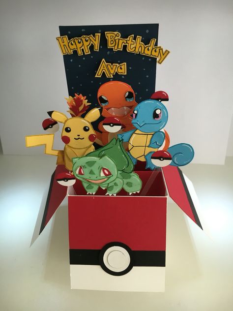 Pokemon box card Pokemon Box Ideas, Kartu Pokemon, Exploding Box Card, Marvel Cards, Easter Cards Handmade, Disney Cards, Boy Diy, Pokemon Party