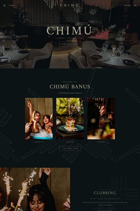 Modern Club Website Design for Chimu Banus. Club, Lounge, Restaurant Website design. CLUBBING / DINING / Restaurant Website / Club Website / Lounge bar Website Club Website Design, Bar Website Design, Bar Website, Website Design Ideas, Restaurant Website Design, Mobile Restaurant, Restaurant Website Templates, Unique Web Design, Club Lounge