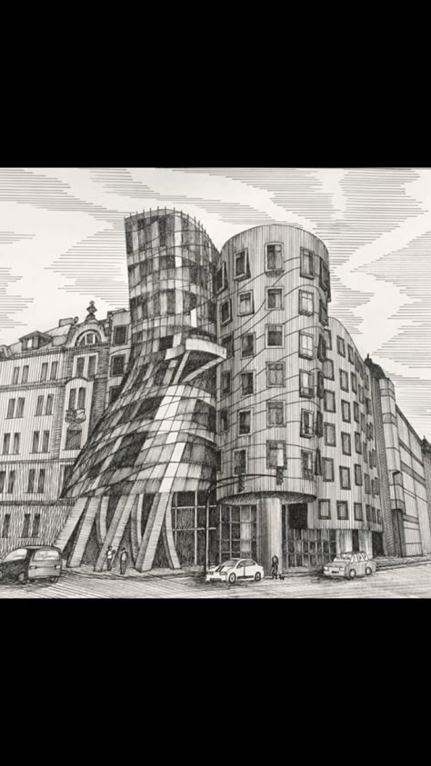 Dancing House Drawing, Famous Buildings Drawing Architecture, Famous Building Sketches Architecture, Dancing House Sketch, Arhitecture Draw Buildings, Famous Building Sketches, Dancing Building, Famous Architectural Buildings, Buildings Sketch Architecture