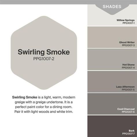 PPG TIMELESS 5 gal. Swirling Smoke PPG1007-2 Eggshell Interior One-Coat Paint with Primer-PPG1007-2T-05E - The Home Depot Ppg Gray Paint Colors, Ppg Greige Paint Colors, Ppg Paint Colors Exterior, Ppg Gray Heron, Ppg Paint Colors Interiors, French Grey Linen Ppg, Sherwin Williams Drift Of Mist Coordinating Colors, Sherwin Williams Perfect Greige Palette, Glidden Paint Colors