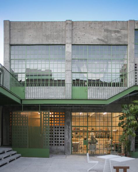 New buildings were added to the cleared courtyards in the middle of the complex. Factory Architecture Industrial Facade, Communal Housing, Industrial Facade, Concrete Exterior, Mexican Architecture, Modern Warehouse, Factory Architecture, Brutalism Architecture, Concrete Buildings