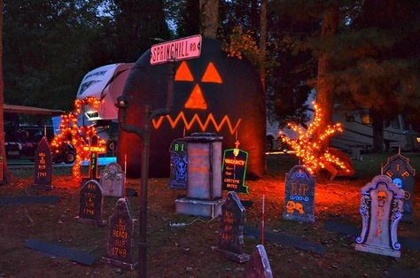 Decorations for halloween camping Halloween Campsite Themes, Camp Halloween Ideas, Halloween At The Campground, Camp Ground Halloween Decorations, Halloween Camp Site Decorations, Camp Site Halloween Decorations, Halloween Decorations For Campsite, Haunted Campsite Ideas, Campground Halloween Ideas