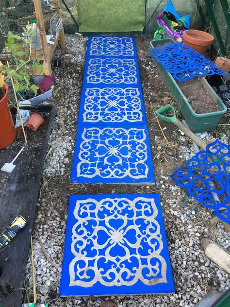 Painted Paving Slabs Patio, Garden Slabs, Paver Path, Painted Pavers, Conservatory Ideas, Bohemian Patio, Outdoor Paving, Masonry Paint, Garden Paving