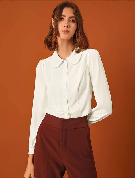 White Peter Pan Collar Shirt, Womens Collared Shirt, Vox Cosplay, Capricorn Vibes, Photo Studies, Peter Pan Blouse, Collar Shirts Women, Smart Casual Women Outfits, Blouse Chiffon