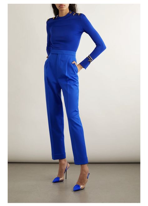 Electric Blue Pants, Blue Trousers Outfit, Bright Blue Pants, Blue Pants Outfit, Royal Blue Pants, Style Bleu, Monochromatic Fashion, Blue Trousers, Blue Outfit