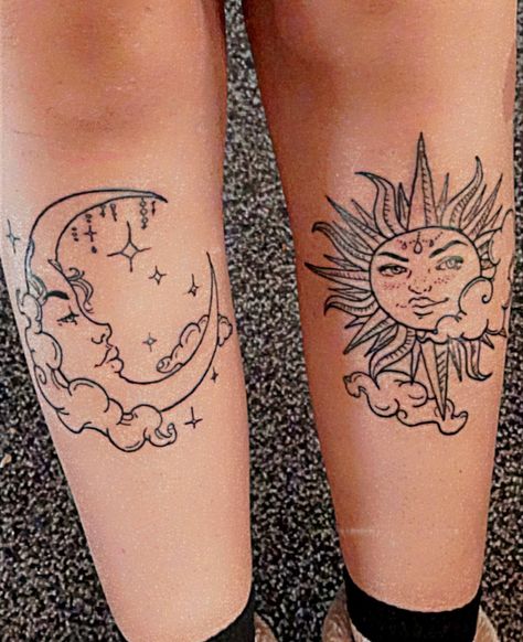 Sun And Moon Shin Tattoo, Boho Tattoo Ideas, Shin Tattoos, Boho Tattoo, Shin Tattoo, Different Drawing Styles, Boho Tattoos, Drawing Styles, Tattoo Lettering Fonts