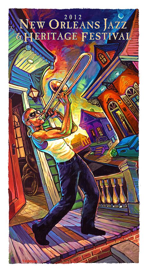 Trombone Shorty's Porch Song by Terrance Osborne | New Orleans dynamic duo. http://terranceosborne.com/shop/trombone-shortys-porch-song/ Jazz Posters, Arte Jazz, New Orleans Music, New Orleans Jazz, New Orleans Art, Jazz Poster, Jazz Art, Jazz Fest, Record Covers