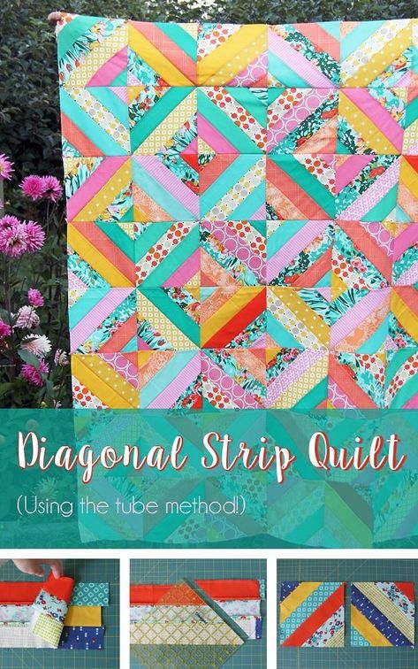 Free Diagonal Strip Quilt in 5 sizes Strip Rag Quilts, Strip Quilting, Diagonal Quilt, Strip Quilt Patterns, Herringbone Quilt, Jelly Roll Patterns, Strip Quilt, String Quilt, Quilting Blocks