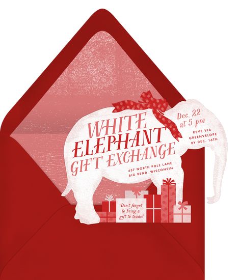 Whimsical White Elephant Invitations in Red | Greenvelope.com Elephant Invitations, Holiday Party Design, Secret Santa Party, White Elephant Gift Exchange, Santa Party, Gender Reveal Announcement, Marriage Announcement, White Elephant Gifts Exchange, Business Holiday Cards