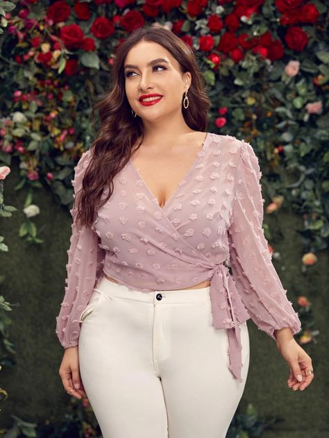 Plus Swiss Dot Wrap Tie Side Blouse | SHEIN USA Split Hem Skirt, Classic Hollywood Glamour, Lehenga Blouse, Top Plus Size, Front Tie Top, Swiss Dot, Girls Fashion Clothes, Chiffon Blouse, Bottom Clothes