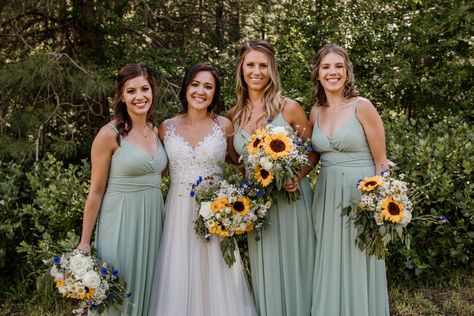 Sage Green Bridesmaid Dresses With Sunflower Bouquet, Sunflower Wedding Bridesmaid Dresses, Sunflower Beach Wedding, Moab Wedding, Grey Wedding Theme, Beach Wedding Bridesmaid Dresses, Taupe Bridesmaid Dresses, Beach Wedding Bridesmaids, Sunflower Themed Wedding