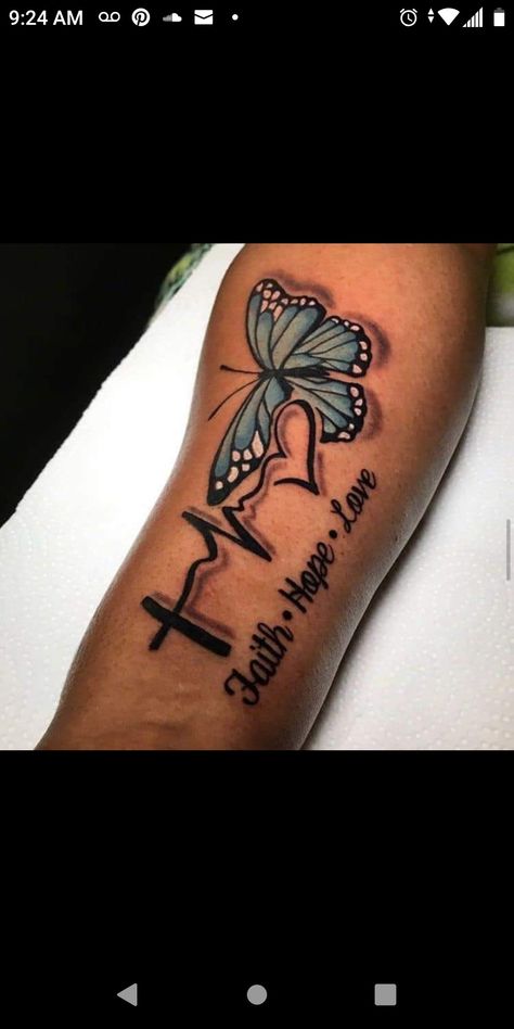 Faith With Butterfly Tattoo, Peace Love And Happiness Tattoo, Love Faith Hope Tattoo, Love Hope Faith Tattoo, Hope Tattoos For Women, Pretty Tattoos For Women With Meaning, Faith Hope Tattoo, Heartbeat Tattoo On Wrist, Love Life Tattoo