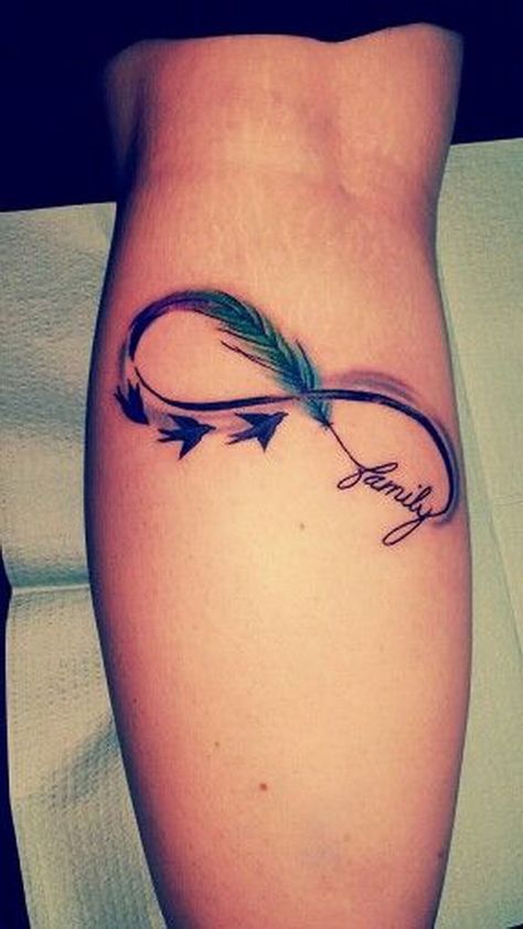 Infinity Feather Family Calf Tattoo. Tattoos Arrow, Initial Tattoos, Henne Tattoo, 16 Tattoo, Infinity Tattoo Designs, Model Tattoo, Family Tattoo Designs, Inspiration Tattoos, Geniale Tattoos