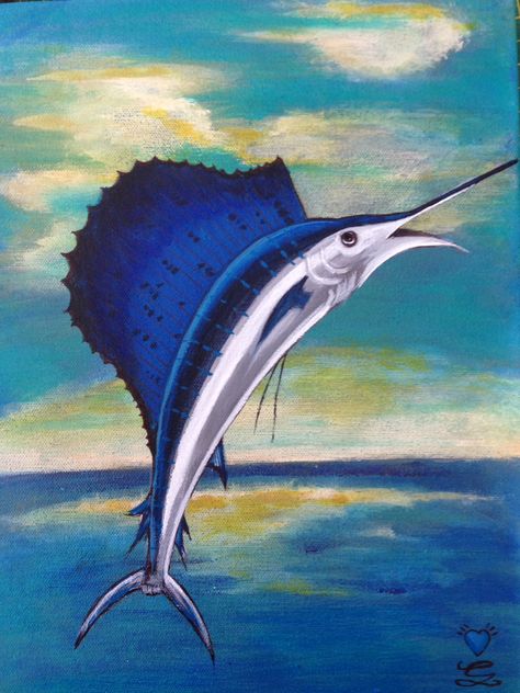 Happy Swordfish acrylic art by Georgie outsider art fish painting sail fish seascape Sail Fish Painting, Art Fish Painting, Fish Acrylic Painting, Sail Fish, Fish Acrylic, Fish Board, 7th Grade Art, Art Fish, Tropical Art