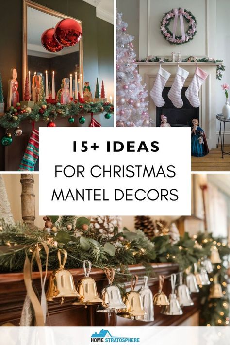 A collage of different Christmas mantle decor ideas, showcasing bells, stockings, and festive greenery for various holiday styles. Christmas Mantels Modern, Neutral Christmas Mantle Decor With Tv, Christmas Mantel With Stocking Ideas, Christmas Mantel Mirror, French Country Christmas Mantle, Asymmetrical Christmas Mantle Decor, Holiday Mantels Christmas, Christmas Mantle 2024, Christmas Mantle Candles