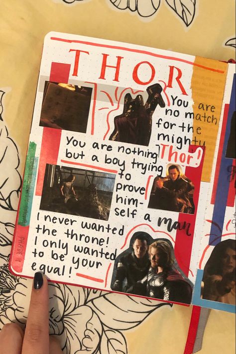 thor (2011) page in my mcu journal Thor Bedroom, Thor Room, Marvel Scrapbook, Marvel Journal, Thor Quotes, Cute Desk Organization, Thor 2011, Marvel Thor, Cute Desk