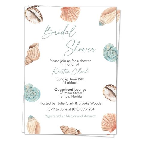 PRICES MAY VARY. ♥ Invite guests to your bridal shower with this beach themed invitation featuring shells and starfish, backed in aqua blue. ♥ Includes 12 Invitations and 13 White Envelopes. ♥ Invitations measure 5x7 inches and are custom printed with your event details. ♥ Printed on high quality matte smooth finish card stock. ♥ All our products are Made with Love in the USA. ♥ Female owned & veteran owned small business. ♥ Invite guests to your bridal shower with this beach themed invitation f Boho Beach Bridal Shower Ideas, Bridal Shower Ocean Theme, Beach Bachelorette Invitations, Seashell Invitation, Beach Themed Save The Dates, Beach Themed Bridal Shower Invitations, Beach Birthday Invitations, Beach Bridal Shower Invitations, Beach Invitations