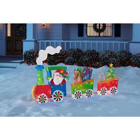 Christmas Train Outdoor, Train Under Christmas Tree, Banister Christmas Decorations, Under Christmas Tree, Christmas Banister, Christmas Classroom Treats, Giant Candy Cane, Christmas Train Set, Christmas Stairs