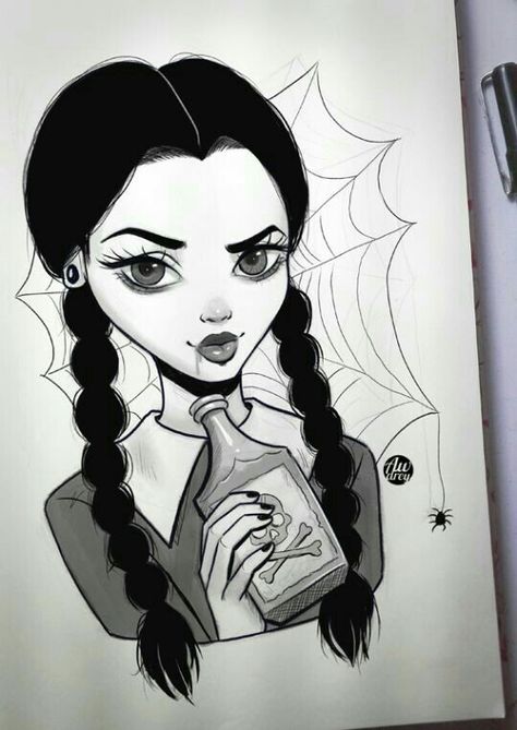 Cute Wednesday Addams Drawing, Wendsday Addams Drawing, Wednesday Adams Painting, Wednesday Addams Thing Drawing, Wednesday Doodle Art, Wendsday Adams Tattoo Ideas, Wednesday Addams Painting Ideas, Wednesday Addams Anime Art, Drawing Ideas Wednesday