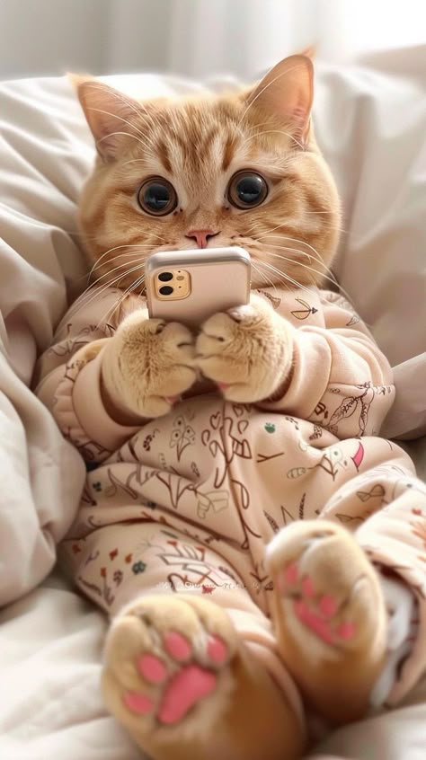 Cats In Pajamas, Cat Holding Phone, Image Chat, Cute Cats Photos, Cotton Pajamas, Orange Tabby, Kittens Funny, Cute Cats And Kittens