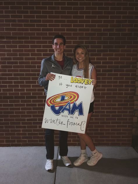 space jam promposal sadie hawkins winter formal hoco Sadie Dance Proposal, Basketball Hoco Proposals Ideas, Basketball Promposal For Him, Hoco Proposals Ideas Basketball, Winter Formal Signs, Girls Asking Guys To Hoco, Sadie Hawkins Dress, Dance Responses, Winter Formal Proposal