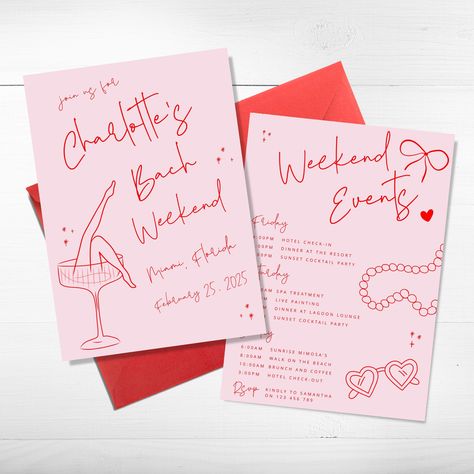 Bachelorette Party Invitation Template and Itinerary Template, Red and Pink Bachelorette Hens Party, Edgy bachelorette, Bach schedule evite This is a INSTANT DOWNLOAD Do it your self template. You will receive an email with a link to your template - this is automatically sent and may take a few minutes to process. Follow the link to the template, edit online in Corjl platform , download and print your self. DIGITAL FILE ONLY Edit your items using Corjl.com right after purchasing. 7inch x 5inch - Galentines Bachelorette, Bachelorette Invites Template, Red And Pink Bachelorette, Bachelorette Party Itinerary, Hens Party Invitations, Pink Bachelorette, Bachelorette Party Invitation, Feeling 22, Bachelorette Ideas