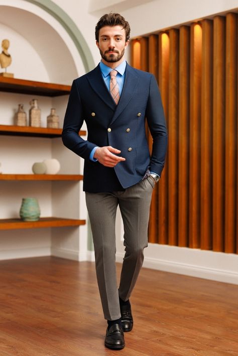 Delve into the world of impeccable fashion with our navy double-breasted blazer, featuring striking peak lapels that exude power and sophistication, making a bold statement wherever you go. #blazer #doublebreasted #suit #formalattire #menstyle #menfashion #gentleman #dapperlook #formalwear #fashioninspo #navyblazer Double Breasted Blazer Men, Man Dress Design, Suit Styles, Suit Stores, Blazer Outfits Men, Slim Fit Suit Men, Slim Fit Tuxedo, Designer Suits For Men, Dapper Men