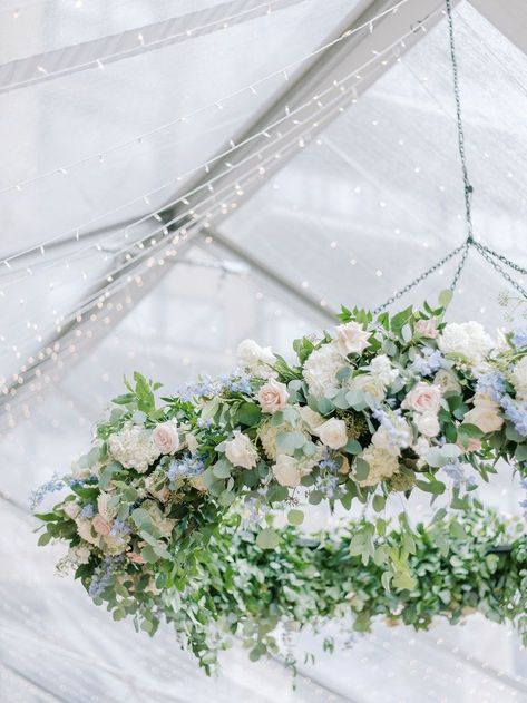 Hanging Florals Wedding, Hanging Florals Wedding Tent, Hydrangea Chandelier, Tented Wedding Reception With Hanging Flowers, Hanging Floral Chandelier Wedding, Hanging Floral Installation Wedding Tent, White Floral Chandelier, Floral White Chandelier, White And Blue Flowers