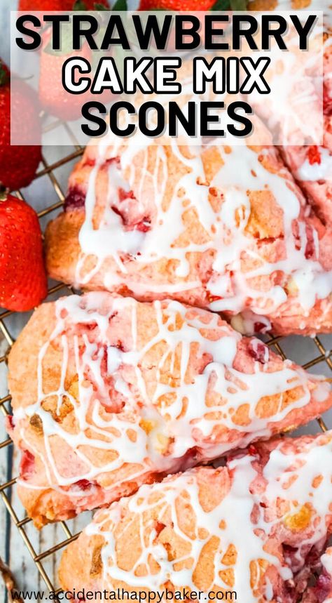 Fresh Strawberry Scones, Scones From Cake Mix Easy Recipes, Strawberry Cake Mix Add Ins, Desserts With Strawberry Cake Mix Boxes, Cake Mix Strawberry Muffins, Cake Mix Scones Recipe, Raspberry Scones Recipe Easy, Cake Mix Scones, Mixed Berry Scones Recipe