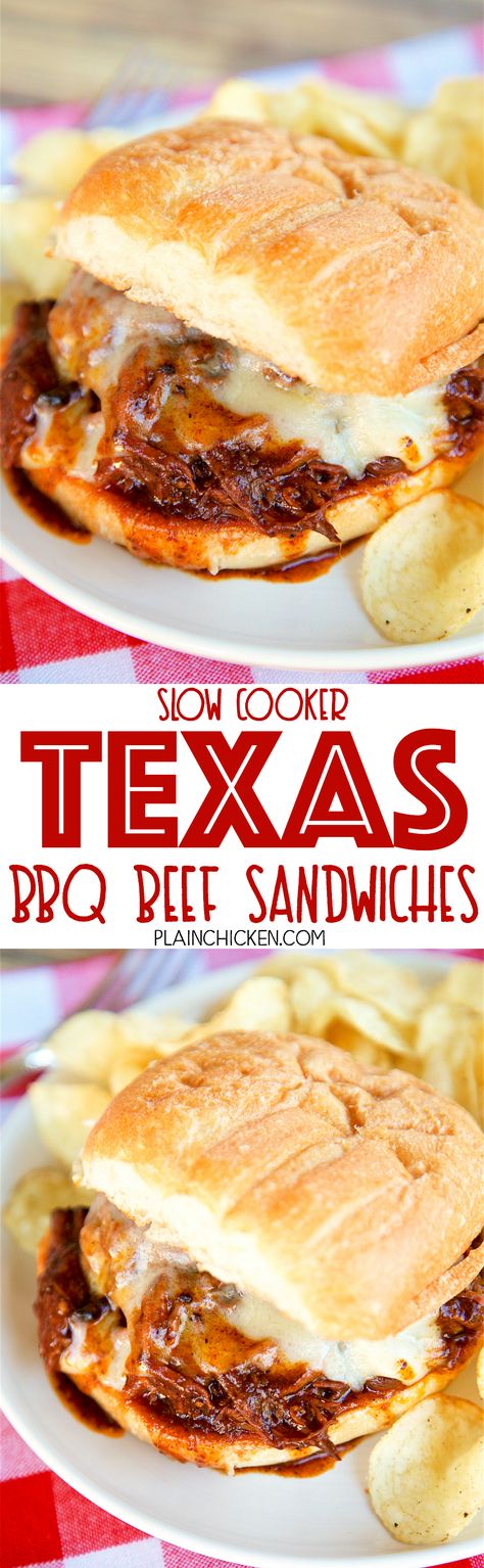 Slow Cooker Texas BBQ Beef Sandwiches - only 3 ingredients! Seriously delicious!! Serve beef on top of hamburger buns with a slice of cheese. Great for potlucks! We love this easy slow cooker beef recipe! Can freeze leftovers for a quick meal later! Slow Cooker Beef Recipe, Lemonade Beyonce, Bbq Beef Sandwiches, Slice Of Cheese, Beef Sandwiches, Slow Cooker Recipes Beef, Texas Bbq, Bbq Beef, Beef Sandwich