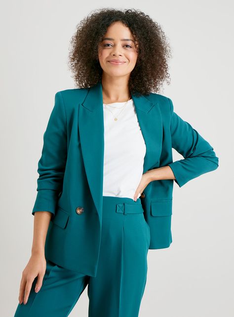 Teal Blazer Outfits For Women, Plus Size Outfits Business, Teal Jeans Outfit, Teal Blazer Outfit, Teal Suit, Style Roots, Teal Outfits, Brown Outfits, Teal Pants