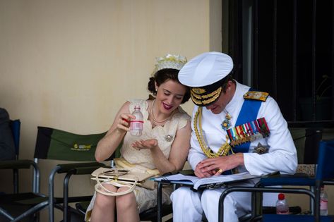 Claire Foy and Matt Smith prepare for a scene. - TownandCountrymag.com Claire Foy, Matt Smith, The Crown, Season 1, Behind The Scenes, Crown