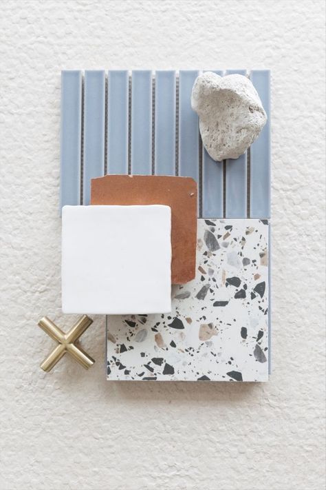 Terrazo Feature Wall Bathroom, Terrazzo Moodboard Bathroom, Bathroom Flatlay Inspiration, Bathroom Tile Flatlay, Interior Flat Lay, Coastal Flatlay, Terrazzo Wall Bathroom, Blue Coastal Bathroom, Grey Terrazzo Tile