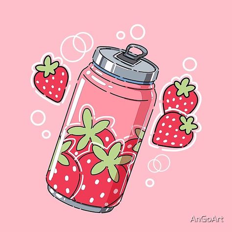 Pink Strawberry Drawing, Strawberry Drink Drawing, Drink Character Design, Kawaii Drinks Drawing, Pink Drink Drawing, Cute Drink Drawings, Strawberry Illustration Cute, Soda Drawing, Strawberry Logo