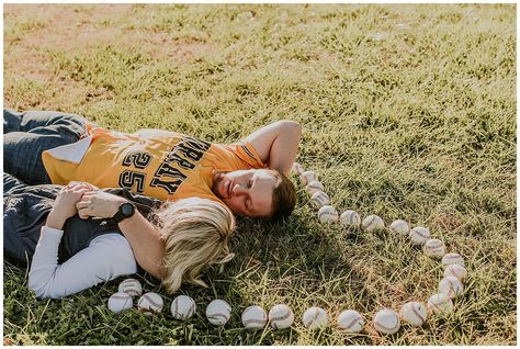 Engagement Photos Baseball Field, Baseball Theme Engagement Photos, Softball Engagement Pictures, Baseball Engagement, Baseball Wedding Ideas, Baseball Engagement Photos, Baseball Couples, Field Engagement Photos, Baseball Wedding