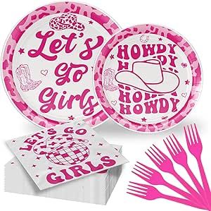 96 Pcs Cowgirl Party Decorations, Let's Go Girls Decorations Cowgirl Theme Birthday Party Supplies Includes Cowgirl Paper Plates Napkins and Plastic Cutlery Set Serve 24 Guests Cowgirl Theme Birthday, Cowgirl Decorations, Cowgirl Party Decorations, Pink Disco, Party Table Centerpieces, Rodeo Birthday, Cowgirl Birthday Party, Disco Cowgirl, Cowgirl Birthday