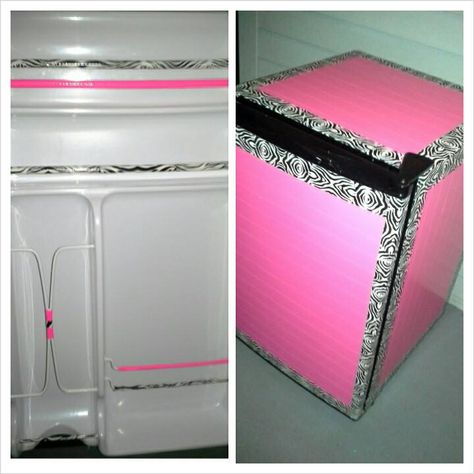 This is my mini fridge that I duck taped. Mini Fridge, Duct Tape, College Dorm, Creative Ideas, Dorm Room, Trash Can, New Look, Brooklyn, Hot Pink