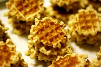 Galettes (Belgian Waffle Cookies) --another recipe is:  2 eggs 3/4 cup sugar 1/2 cup soft butter, 1 1/2 cups flour 1/4 cup cornstarch 1tsp. vanilla extract 1tsp almond extract Beat eggs add sugar beat again.Stir in butter and flavorings Sift flour and cornstarch together and add to mixture. Chill dough in refrigerator. Remove and form into balls. Place 1 ball. size of a walnut, on each grid section of iron. Remove cookies after 2 or 3 minutes. Try both, see which one beings back best memories. Galette Cookie Recipe, Cookie Waffles, Pizzelle Cookies, Breakfast Enchiladas, Gf Baking, Waffle Cookies, Homemade Dinner Rolls, Wafer Cookies, Belgian Waffles