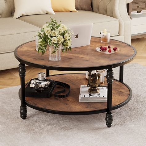 Wood Circle Coffee Table, Rustic Center Table, Center Table With Storage, Round Coffee Table Rustic, Industrial Sofa Table, Round Coffee Table Living Room, Circle Coffee Tables, Coffee Table Metal Frame, Round Wooden Coffee Table